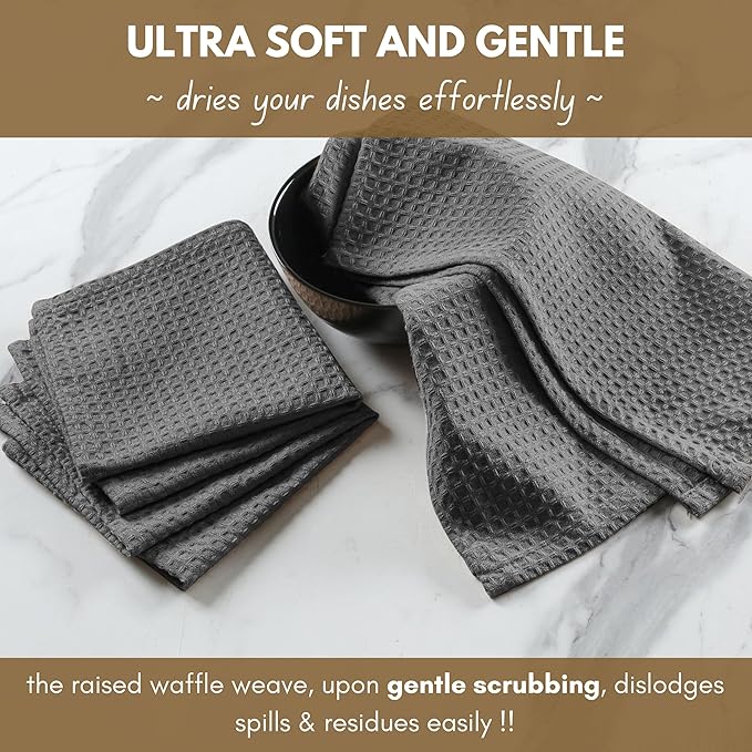 Native Fab 6 Pack Waffle Dish Cloths - 100% Cotton, Absorbent, Quick Dry & Soft Towels for Cleaning, Cooking & Drying Dishes - Perfect for Home, Restaurants, Bars, 12x12 inch - Grey