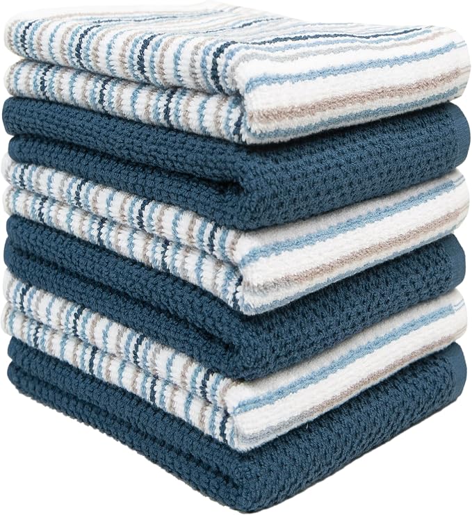 Kitchen Towels 16”x 26” - 6 Pack | Large Cotton Kitchen Hand Towels | Dish Towels | Popcorn Stripe Design | 430 GSM Highly Absorbent Tea Towels Set with Hanging Loop | Dish Towels for Kitchen | Blue