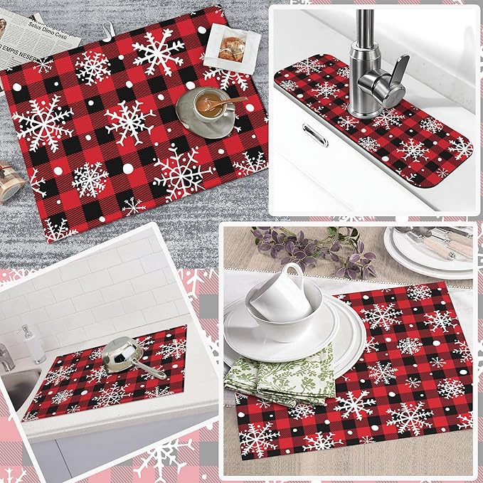 3Pcs Christmasw Checked Dish Drying Mat & Kitchen Sink Splash Guard Faucet Mat For Kitchen Counter Absorbent Microfiber Dishes Pad Dish Drainer Rack Mats Fast Dry Kitchen Accessories