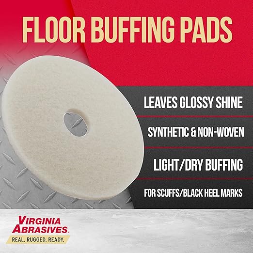 Virginia Abrasives 13” White Floor Maintenance Pads, Non-Woven Pads for Orbital Cleaning - Thick Polishing Replacement Pads, Ideal for Synthetic Floors, 5-Pack