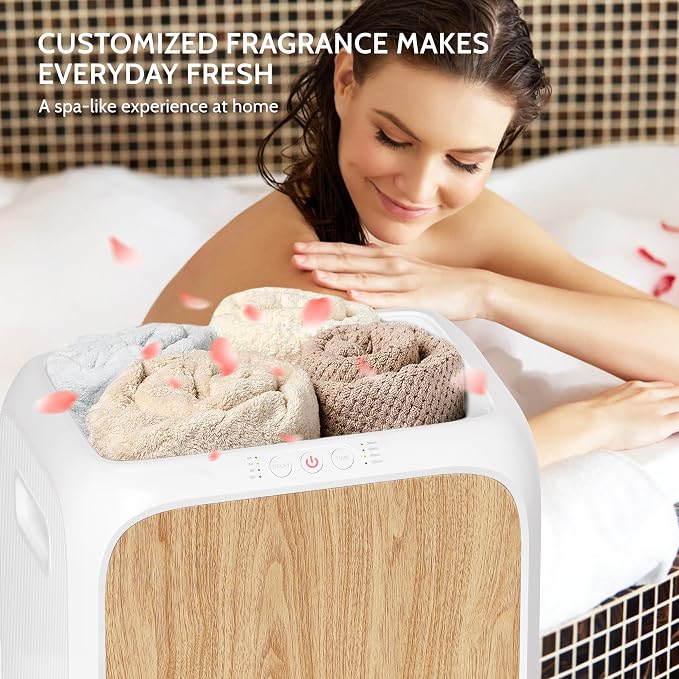 Keenray Towel Warmer Bucket, Luxury Rectangle Towel Warmer for Bathroom with Timer & Delay, Customized Fragrance, Child Lock, Fits 2 Large Towels, Blankets, Bathrobes, Ideal Gift for Him & Her(Wood)