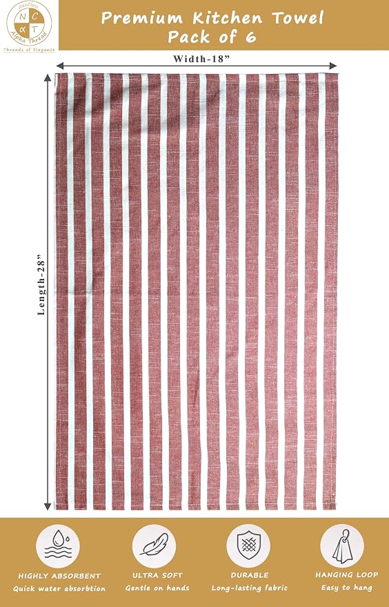 Pack of 6 Cotton Kitchen Towels Set, Dish Towels, Cleaning Rags, Kitchen Dish Cloths for Washing Dishes, Cotton Cleaning Cloths, Ultra Soft, Lightweight & Quick Dry, Slub Weave, 28" x 18" (Rust)