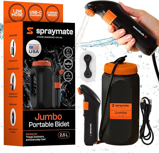 Portable Bidet for Travel & Camping – Electric High Pressure Rechargeable Bidet for Women & Men | 2.5L Bottle | 1300ML/Min Flow | USB-C | 1600mAh Battery | USA Brand – Spray Mate Jumbo (Black)