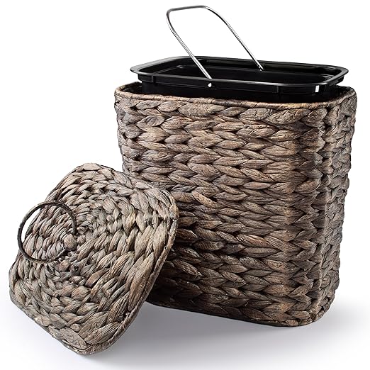 Tidita Wicker Waste Basket - Wicker Trash Can with Lid - Water Hyacinth Bathroom Garbage Can with a Lid - Bathroom Trash Can Boho Style - Removable Liner, Iron Frame (Black, 1.5 Gallons)