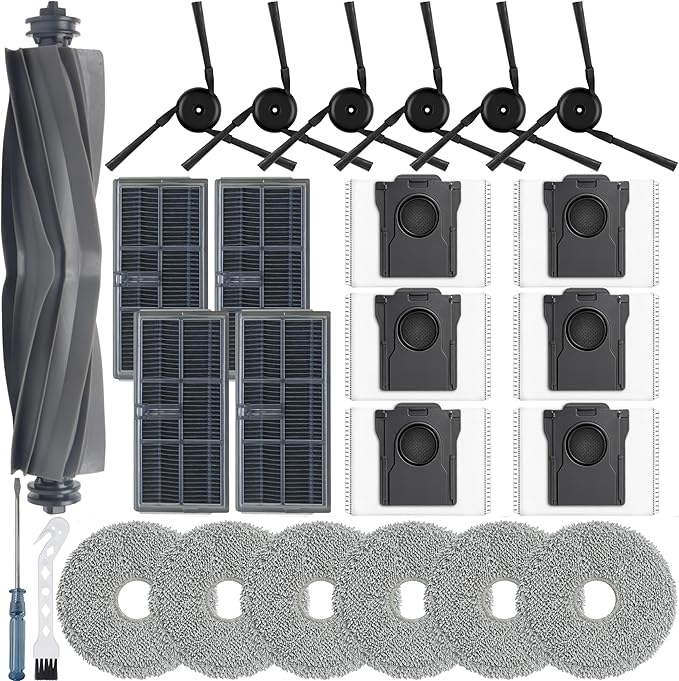 25 Pack X40 Ultra Accessories Kit for Dreame X40 Ultra/L40 Ultra Gen 2/MOVA P10/P50 Pro Ultra Replacement Parts,1 Main Brush 6 Mop Pads 4 Hepa Filters 6 Side Brush 6 Vacuum Bags