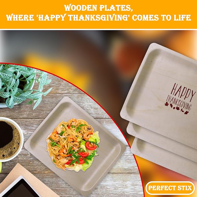Perfect Stix 10" Disposable Wooden Plate with Happy Thanksgiving Print - Pack of 25ct
