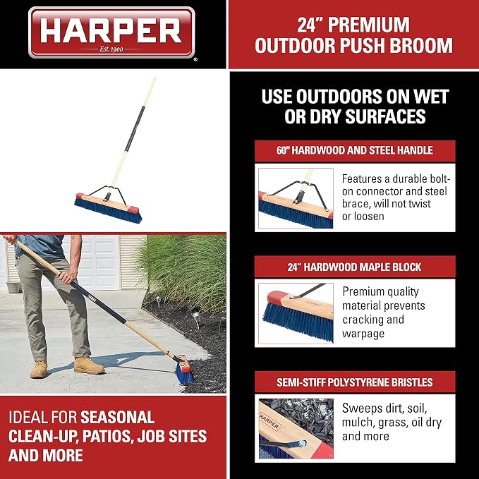 Harper 24 Inch Push Broom with Stiff Bristles, Premium Heavy Duty Outdoor Wet/Dry Rough-Surface, for Mulch, Gravel, Oil Dry, Dirt, Soil, with Long Wooden Handle