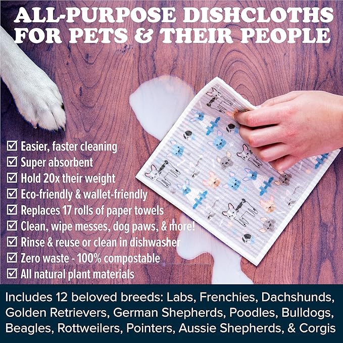 Puppington Pupper Towels 12 Pack Swedish Dishcloths for Kitchen - Dog Dish Towels - Swedish Dish Cloths for Kitchen - Dog Mom Mothers Day Gifts for Women - Eco Friendly (12 Breeds)