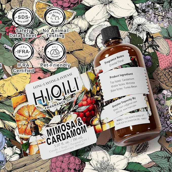 HIQILI Mimosa & Cardamom Fragrance Oil for Candle & Soap Making,Ideal for Essential Oil Diffuser, DIY Perfume, Room Sprays - 5.07 Fl Oz