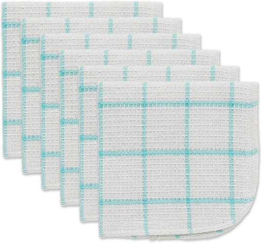 DII Scrubber Dishcloths Collection Windowpane Dishrag Set, 12x12, White/Aqua Stripe, 6 Piece