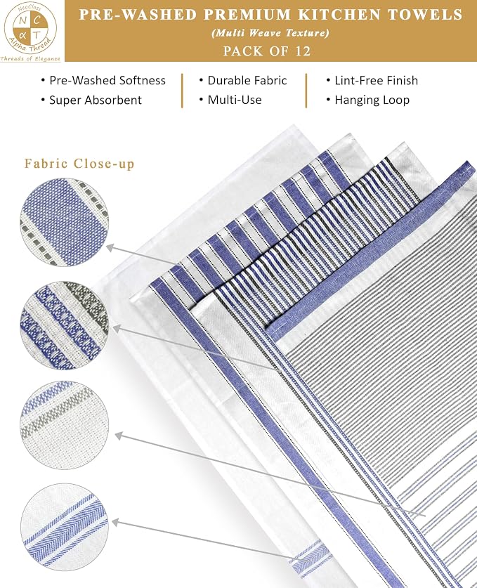 Pack of 12 Cotton Kitchen Towels Set, Dish Towels, Cleaning Rags, Kitchen Dish Cloths for Washing Dishes, Cotton Cleaning Cloths, Ultra Soft, Lightweight & Quick Dry, Flat Weave, 28"x18", Denim & Gray