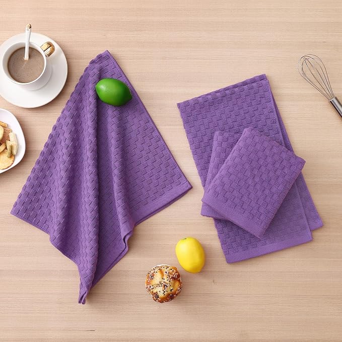Homaxy 100% Cotton Kitchen Towels and Dishcloths Set, 12 x 12 & 15 x 25 Inches, Set of 16 Bulk Terry Cloth Dish Towels, Super Soft and Absorbent Hand Towel with Hanging Loop, Purple