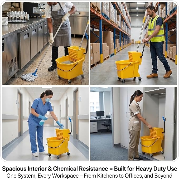 35 Quart Commercial Mop Bucket with Side Press Wringer on Wheels, Industrial Mop and Bucket Set with Loop-End Mop Head, Gloves and Microfiber Cloth, Heavy Duty Yellow Janitorial Cleaning Cart