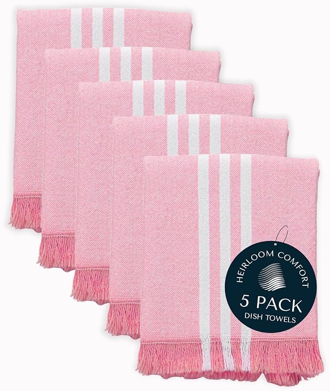 Rose Pink Monochrome Stripe Kitchen Towels 5 Pack, 16x26 Inch, 100% Cotton, Super Absorbent & Quick Dry, Durable, Fringed Dish Towel for Drying Dishes, Washable, Everyday Use