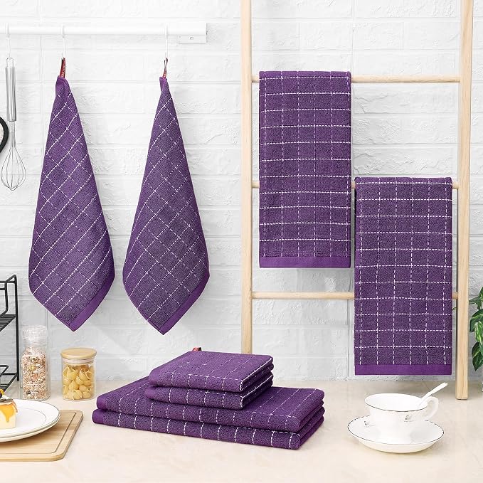 Homaxy Kitchen Towels and Dishcloths Set, 12 x 12 and 13 x 28 Inches, Set of 12 Bulk Cotton Terry Kitchen Towels Set, Checkered Designed, Soft and Super Absorbent Dish Towels, Purple