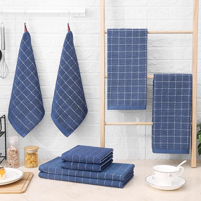 Homaxy Kitchen Towels and Dishcloths Set, 12 x 12 and 13 x 28 Inches, Set of 16 Bulk Cotton Terry Kitchen Towels Set, Checkered Designed, Soft and Super Absorbent Dish Cloths, Navy Blue