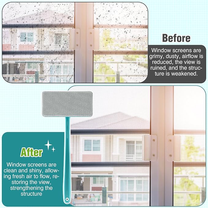 Window Screen Cleaner Brush, Mesh Window Cleaning Brush Kit with Replaceable Heads and Detachable Handle, Wet & Dry Dual Use for Screens, Doors, Patio(5 Pack)