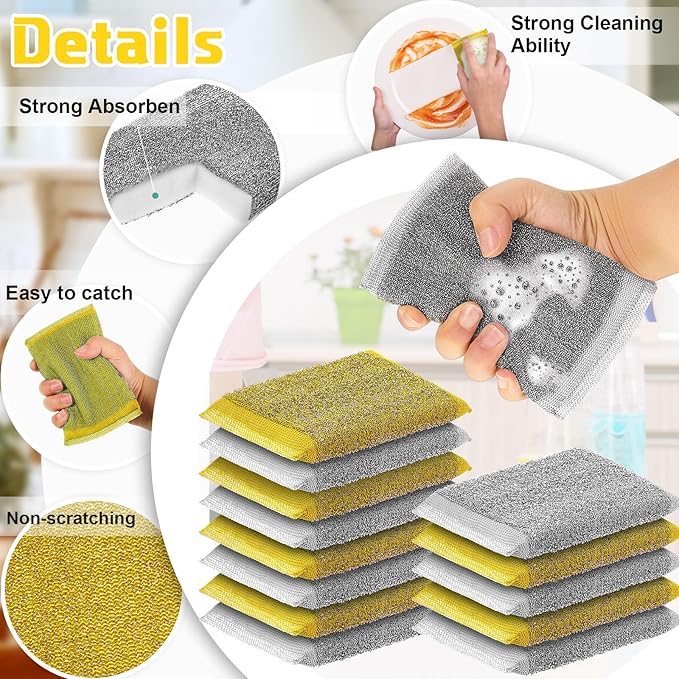 Thyle 12 Pack Steel Scrub Sponges for Dishes Non Scratch Scouring Multi Use Metal Scrubber Heavy Duty Dish Wash Kitchen Sponge for Pot Dish Washing Hard Surface Cleaning (Gray,Yellow)