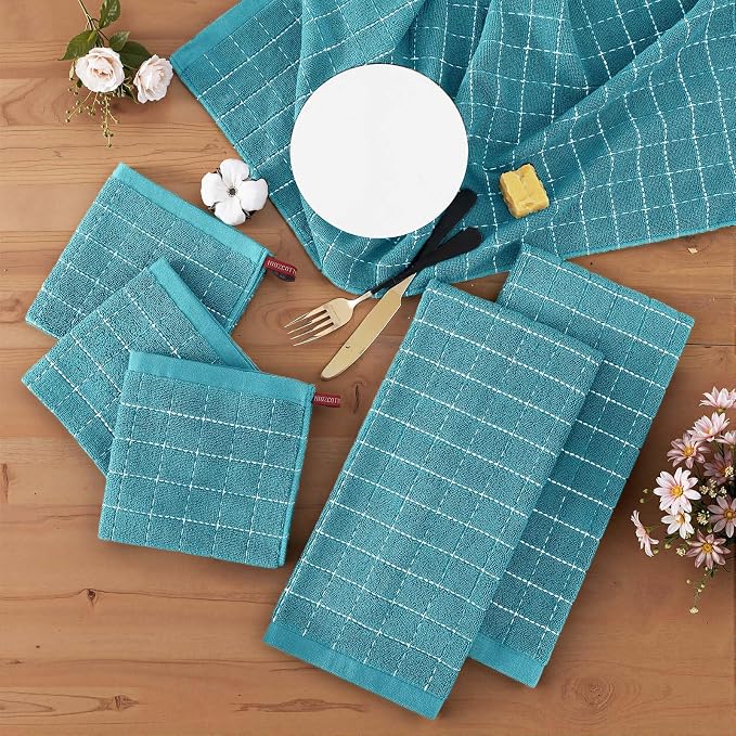 Homaxy Kitchen Towels and Dishcloths Set, 12 x 12 and 13 x 28 Inches, Set of 12 Bulk Cotton Terry Kitchen Towels Set, Checkered Designed, Soft and Super Absorbent Dish Towels, Lake Blue