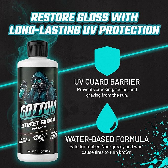 Gottom Tire & Trim Shine – 16oz, Scented Boosted Colada - Ultra High Gloss for Plastic Trim & Wheels – Water-Based Dressing – Car Tire Cleaner & Dressing – Car Detailing Supplies