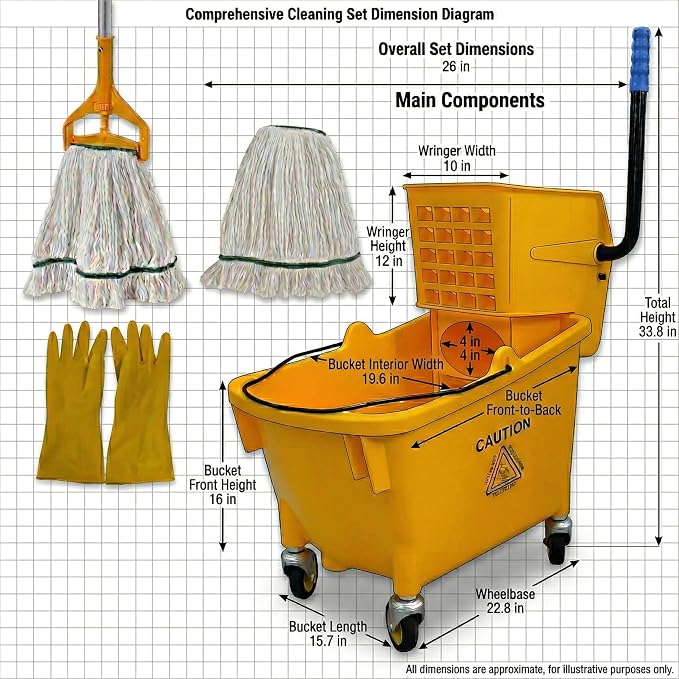 35 Quart Commercial Mop Bucket with Side Press Wringer on Wheels, Industrial Mop and Bucket Set with Loop-End Mop Head, Gloves and Microfiber Cloth, Heavy Duty Yellow Janitorial Cleaning Cart