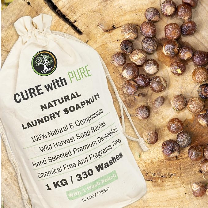 Cure With Pure Organic Soap Nuts Deseeded 1kg/2.2Lb With 1 Wash Bag Approx 330 Loads,Eco-friendly Soap Nuts Laundry Detergent,Chemical & Fragrance-free Organic Soap Berries Non-toxic Laundry Detergent