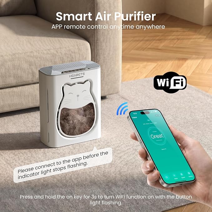Pet Air Purifier for Home, H13 HEPA Washable Filter,Air Cleaner with APP&Air Quality Monitor for Pet Hair Dander Odor Allergies Pollutant Smoke Dust for Large Rooms 2200 Ft², Auto Mode,P365 Black