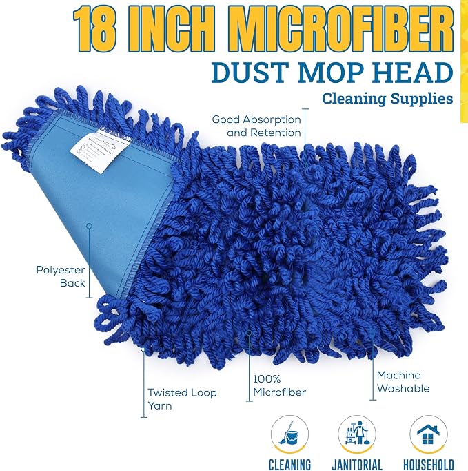 KLEEN HANDLER 18" Microfiber Dust Mop with Frame and 61" Extendable Clip-On Handle (2 Mop Heads, 1 Frame, 1 Handle), Commercial Dust Mop Kit for Floor Cleaning