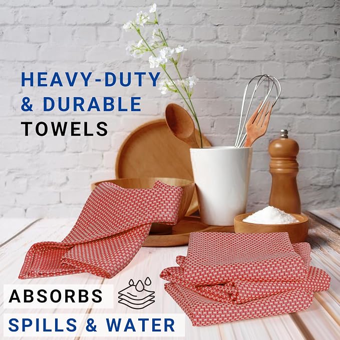 TWINY threads 4-Pack Cotton Kitchen Towels, 18x28 Inches, Soft & Absorbent Dish Cloths Set with Hanging Loop, Quick-Dry, Reusable and Washable Washcloths for Cooking, Baking & Cleaning Tasks, Red