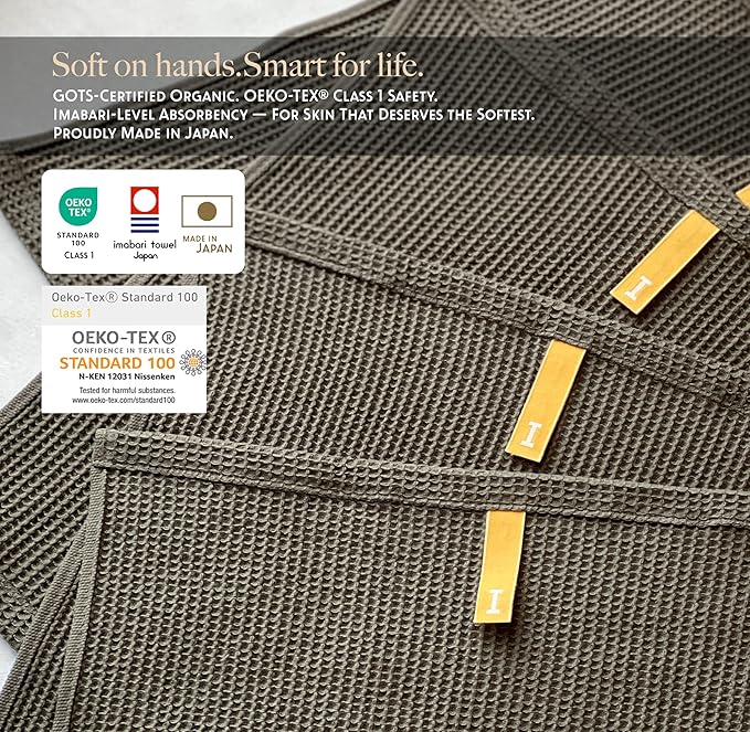 IKEUCHI ORGANIC Dish Cloths 10.63 x 10.63 Oeko-Tex Class1 Certified, OliveGreen(Marked as Dark Gray),Pack of 4,Made in Japan