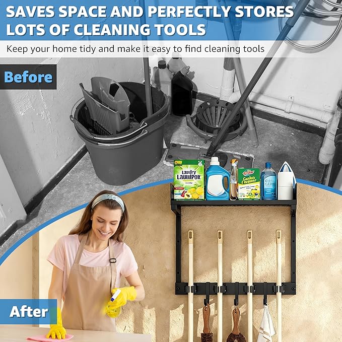 HUFAND Broom Holder Wall Mount, 15" Large Mop and Broom Organizer Wall Hanging with Top Storage Shelf, Heavy Duty Iron Utility Rack for Laundry Room, Garage, Kitchen, Garden - Black