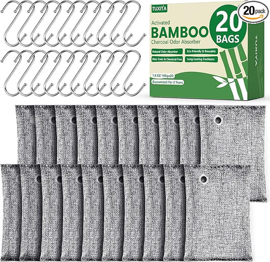 TUXIYA 20Pack Activated Charcoal Odor Absorber, Odor Eliminator for Strong 0dor,Shoe Deodorizer,Bamboo Charcoal Air Purifying For in Car,Closet,Shoe, Basement,(100g /3.53oz Each)