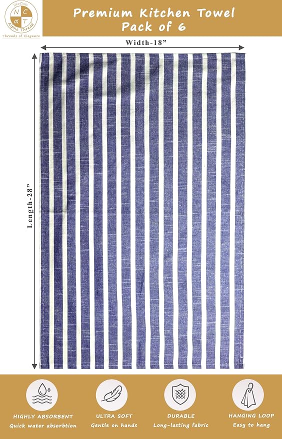 Pack of 6 Cotton Kitchen Towels Set, Dish Towels, Cleaning Rags, Kitchen Dish Cloths for Washing Dishes, Cotton Cleaning Cloths, Ultra Soft, Lightweight & Quick Dry, Slub Weave, 28" x 18", Denim Blue