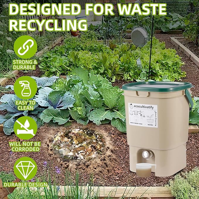 20L Bokashi Compost Bin, 5.28 Gallon Compost Bin for Kitchen Composter with Lid, Bokashi Start Kit with Bran (Tan & Dark Green) (20L/5.28GAL Tan & Dark Green)