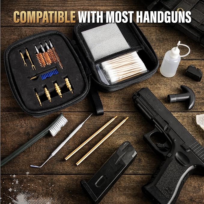 GLORYFIRE Universal Gun Cleaning Kit Fits .22 .357/9mm .38 .40 .45 Cal Handguns & Pistols Compact Carrying Case for Portability Multiple Styles with Brass or Plastic Jags & Tips for Shooting and Range