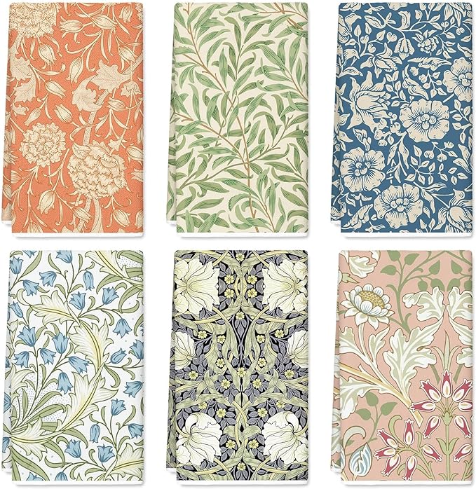 JarThenaAMCS William Morris Floral Kitchen Towel 18 x 28 Inch Wildflower Dishcloth Decorative Hand Drying Tea Towel for Baking Cooking Cleaning Party Supplies, 6Pcs