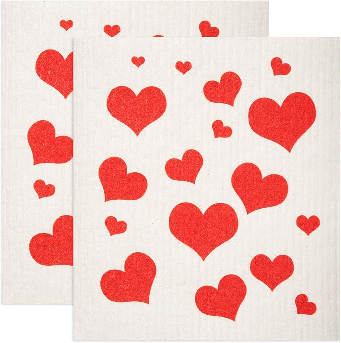 Swedish Dishcloths 2-Pack - Super Absorbent Reusable Cellulose Sponge Cloths, Eco-Friendly Kitchen Cleaning Towels, Machine Washable, Flying Hearts Design, 7.87"x6.88"
