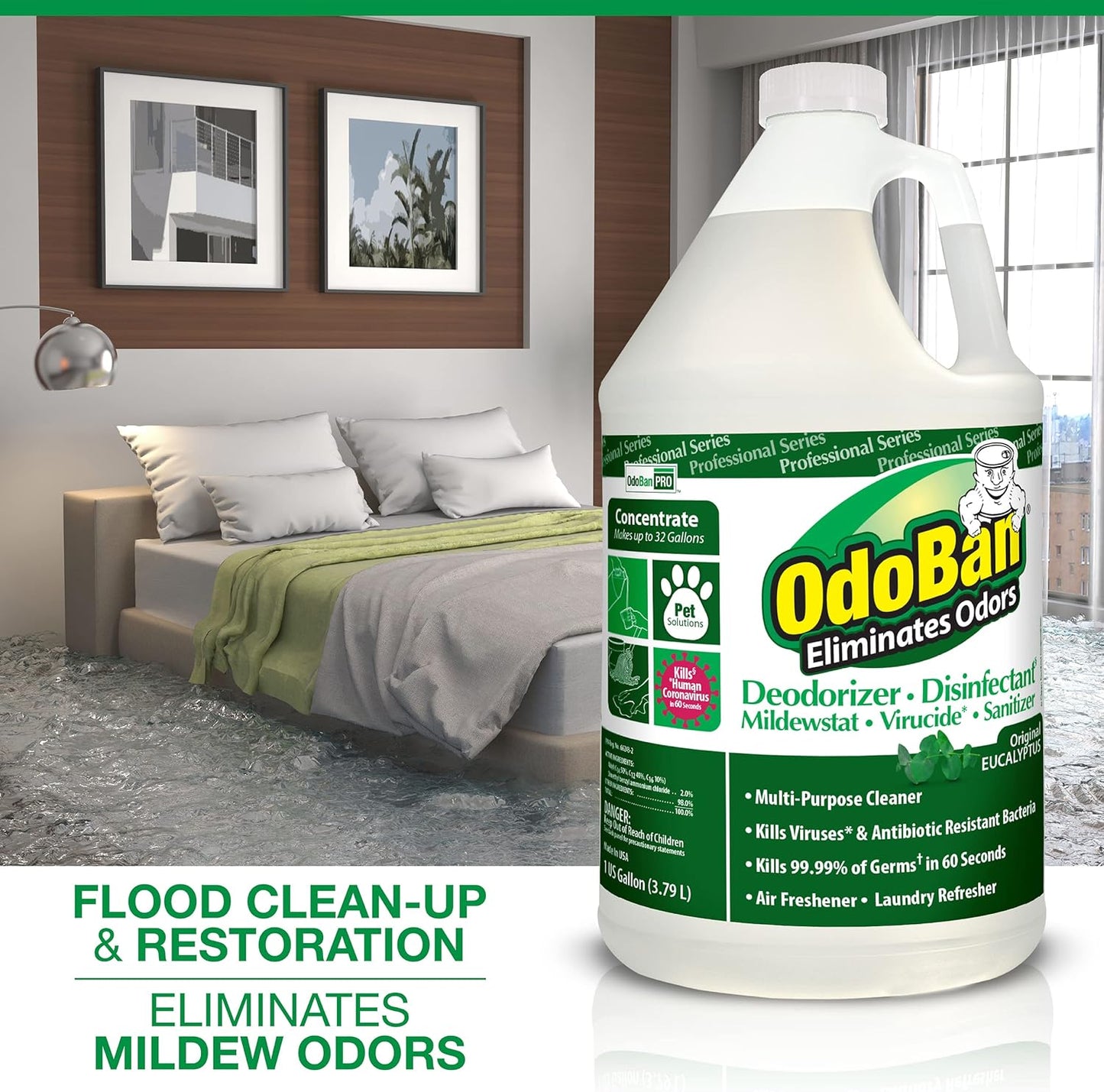 OdoBan Professional Disinfectant and Odor Eliminator Concentrate, Made in the USA, Original Eucalyptus and Lavender Scents, 2-Pack, 1 Gallon Each