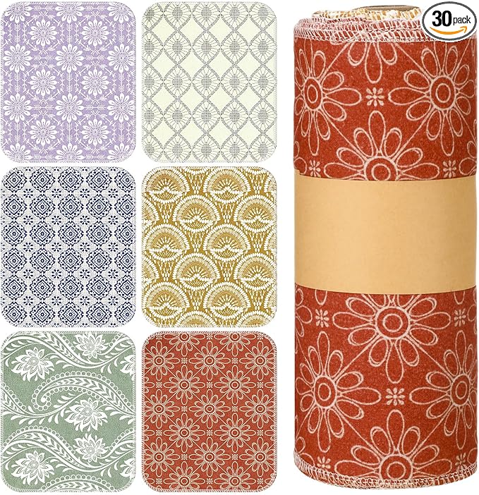 Redbaker 30 Pcs Reusable Paper Towels Rolls Towels Bulk Kitchen Washable Paperless Cloth Cotton Hand Napkins with Cardboard Reusable Napkins for Kitchen Bathroom (Bohemian)