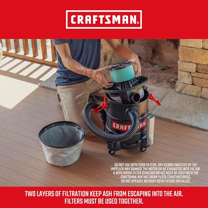 CRAFTSMAN CMXEVBE17050 5 Gallon 7.8 Amp Ash and Grilling Vacuum | Portable Dry Only Shop Vacuum with Drum Filter, Cartridge Filter, Hose and Attachments for Cool/Dry Ash Cleaning