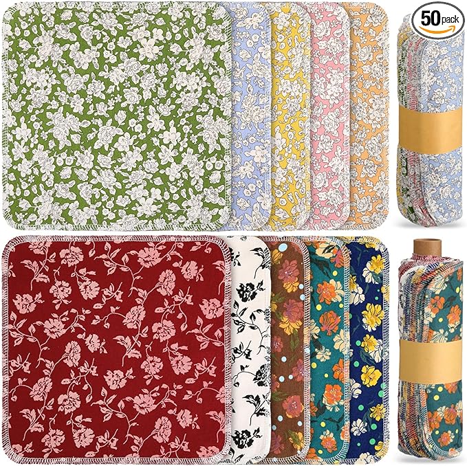 Redbaker 50 Pcs Reusable Paper Towels Paperless Reusable Cotton Cloths Toilet Absorbent Washable Paper Towels with Roll Kitchen Dishcloth for Kitchen Paperless Dishcloths(Flower)