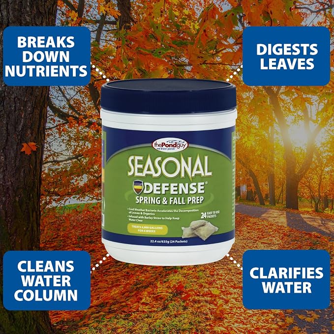 The Pond Guy Seasonal Defense, Spring & Fall Beneficial Bacteria, Barley & Enzymes, Cold Water Pond Sludge & Scum Treatment, Fish & Plant Safe, 24 Packets