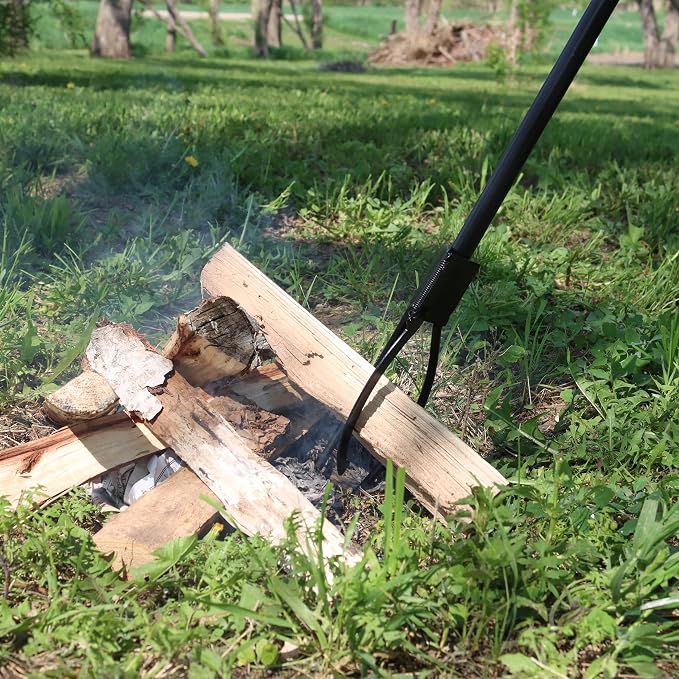 Redneck Convent Heavy-Duty Log Grabber Fire Tongs Poker Tool with Spring Handle and 3 Prong, 36in – Place Wood on Campfire Fireplace