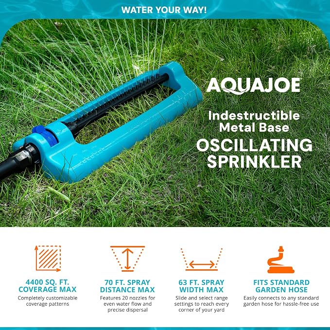 Aqua Joe Multi-Function Hose Nozzle with Smart Throttle and 7 Sprayer Patterns Bundled with Oscillating Sprinkler with Adjustable Spray