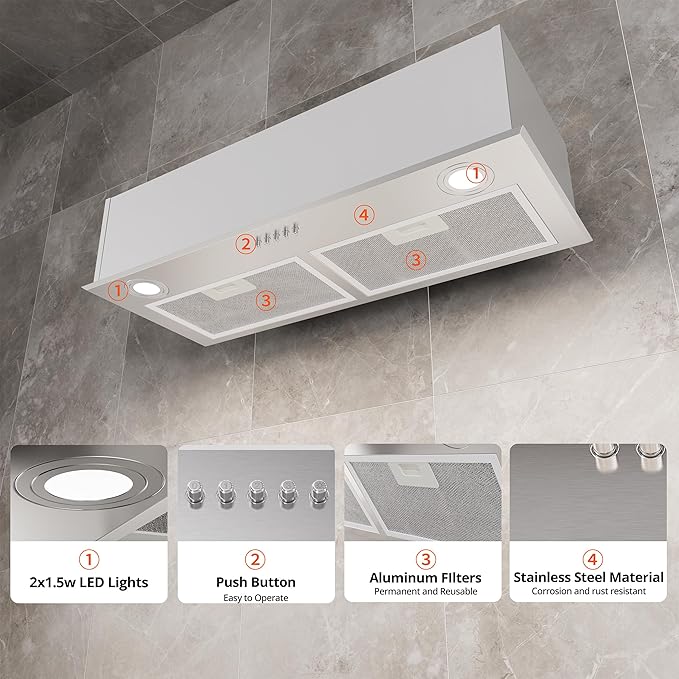 FIREGAS Range Hood 28 Inch, Built-in Stainless Steel Kitchen Vent Hood with 450 CFM, 3 Speed Exhaust Fan, 2 LED Lights & Button Control, Ducted/Ductless Convertible