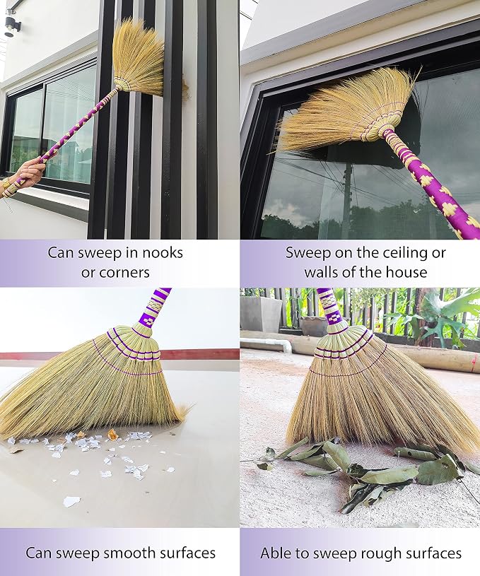 Asian Broom Whisk Broom Thai Natural Grass Broom Solid Wood Handle,Witch Broom, Broom for Floor Cleaning,House, Kitchen, Office (Purple) 40 Inch Asian Straw Broom for Wedding Jumping
