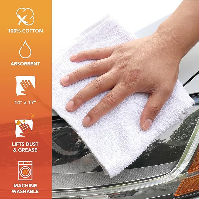 Arkwright TT60 Terry Cloth Rags, Pack of 60, 100% Cotton Cleaning Towels for Kitchen, Auto Shop and Bar Use, Absorbent Machine Washable, 14 x 17 in, White