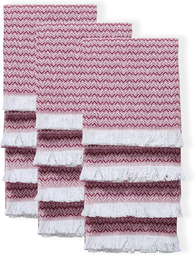 TWINY threads Dish Towel Chevron Pattern, Premium 100% Cotton Kitchen Linen Set, Large Wash Rags for Drying Dishes, Absorbent Quick Drying, Reusable, 12 Pack, 16"x26", Burgundy Wine