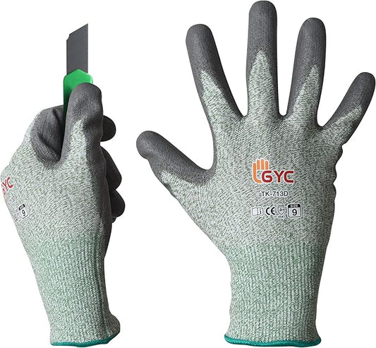 GYC Gloves, Cut Resistant Safety Work Gloves - Level 5 Cut Protection, 10 Pairs Pack - Excellent Dexterity & Breathability, Comfortable Soft PU coated (TK-713D/Size 9 - LARGE)