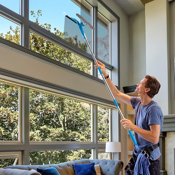 SCRUBIT Extendable Squeegee Window Cleaner- Window Cleaning Tool with Microfiber Scrubber & Spray Head - 58" Long Extension Pole for High Windows and Outdoor Glass Washing - Shower Cleaning Kit